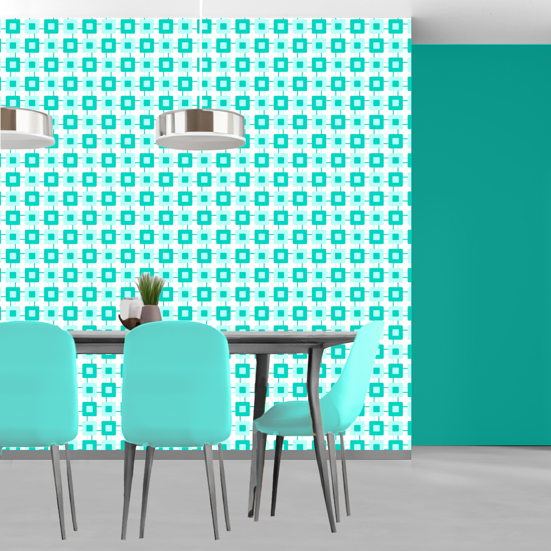 The artwork features a repeating geometric pattern of symmetrical shapes resembling elongated, curved diamonds or petals in various shades of blue and green. Each shape is split vertically with one half filled with a light blue and the other half filled with green or darker blue. The background is a light, almost pastel blue, which provides a soft yet vibrant backdrop. One of the blue shapes near the upper left contains a white starburst element, adding a focal point of brightness to the composition. The overall design conveys a modern, mid-century aesthetic with clean lines and harmonious color contrasts.